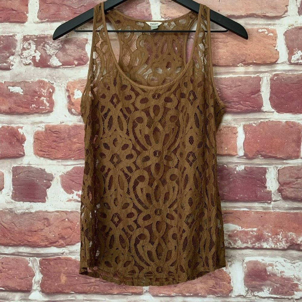 FOSSIL WOMEN'S TOP XS BROWN FLORAL EMBROIDERED MESH SHEER CASUAL CAMI TANK SHIRT - Picture 5 of 7